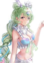 Rule 34 | 1girl, arm at side, bare shoulders, bikini, blue hair, blush, breasts, cleavage, closed mouth, double bun, facial mark, female focus, frilled bikini, frills, green hair, hair bun, hair ornament, hand up, happy, highres, level9kaito, long hair, looking at viewer, medium breasts, multicolored bikini, multicolored clothes, multicolored hair, navel, official alternate costume, shiue (world flipper), sidelocks, simple background, sketch, smile, solo, standing, stomach, streaked hair, swimsuit, two-tone hair, upper body, very long hair, white background, world flipper, yellow eyes