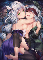 Rule 34 | 2girls, alternate costume, barefoot, blunt bangs, blush, breast press, breasts, brown eyes, clothes pull, dress, dress pull, facial mark, feet, g11 (girls&#039; frontline), girls&#039; frontline, green eyes, hair between eyes, hair ornament, hairband, hat, highres, hk416 (girls&#039; frontline), hk416 (starry cocoon) (girls&#039; frontline), jacket, layered dress, long hair, looking at viewer, medium breasts, multi-tied hair, multiple girls, no shoes, official alternate costume, open clothes, open mouth, scarf on head, silver hair, soles, strapless, strapless dress, symmetrical docking, tama satou, teardrop, tearing up, thighhighs, toes, topless, very long hair, white hairband