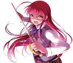 Rule 34 | 1girl, ahoge, black bow, bow, bowtie, braid, floating hair, hataraku maou-sama!, holding, holding sword, holding weapon, long hair, looking at viewer, open mouth, red hair, shirt, simple background, skirt, solo, sword, very long hair, weapon, white background, white shirt, yellow eyes, yusa emi