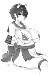 Rule 34 | 1girl, animal ears, arm guards, bikini, black hair, blue archive, breasts, elbow gloves, gloves, greyscale, highres, large breasts, meme50, monochrome, revealing clothes, sailor collar, short hair, side slit, sideboob, sideless outfit, skirt, swimsuit, thighhighs, tsubaki (blue archive), untied bikini