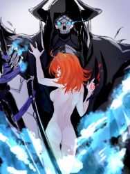 Rule 34 | 1boy, 1girl, armor, ass, blue fire, breasts, cloak, clothed male nude female, command spell, completely nude, fate/grand order, fate (series), fire, fujimaru ritsuka (female), glowing, glowing eyes, horns, king hassan (fate), mask, nude, orange hair, shino-o, short hair, side ponytail, skull, skull mask, weapon, yellow eyes