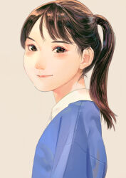 Rule 34 | 1girl, blue shirt, blush, brown background, brown eyes, brown hair, closed mouth, commentary request, from side, highres, light smile, looking at viewer, looking to the side, original, ponytail, shirt, simple background, solo, torii yoshitsuna, upper body