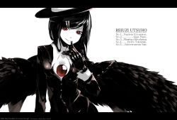 Rule 34 | 1girl, alternate costume, alternate hairstyle, black hair, black wings, eye focus, female focus, finger to mouth, formal, gloves, hair ornament, hairclip, hat, highres, long hair, looking at viewer, monochrome, open clothes, open shirt, oso (toolate), pale skin, pant suit, pants, red eyes, reiuji utsuho, shirt, smirk, solo, spot color, suit, symbol-shaped pupils, touhou, wings