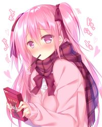 Rule 34 | 1girl, blush, bow, bowtie, cardigan, commentary request, food, long hair, looking at viewer, mouth hold, original, pink eyes, pink hair, pocky, pocky day, scarf, school uniform, simple background, solo, sorai shin&#039;ya, translation request, two side up, white background