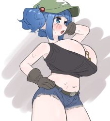 Rule 34 | 1girl, alternate breast size, blue eyes, blue hair, breasts, cleavage, flat cap, frogsnake, gloves, hair bobbles, hair ornament, hat, huge breasts, kawashiro nitori, key, medium hair, open mouth, short twintails, sidelocks, solo, touhou, twintails, two side up