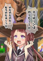 Rule 34 | 1girl, alternate costume, animal ears, black hat, blurry, blurry background, braid, braided hair rings, brown hair, commentary request, frown, hair rings, harry potter (series), hat, highres, horse ears, open mouth, purple eyes, school uniform, solo, sorting hat, sweep tosho (umamusume), syadomuranocom, tears, translation request, twin braids, twintails, umamusume, wizarding world