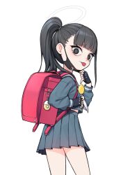 Rule 34 | 1girl, 28 (282teeth), aged down, backpack, bag, black eyes, black hair, blue archive, blue serafuku, candy, extra, fingerless gloves, food, gloves, halo, highres, lollipop, looking at viewer, mask, mouth mask, ponytail, red bag, school uniform, serafuku, side ponytail, simple background, sukeban (smg) (blue archive), tongue, tongue out, white background