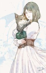 Rule 34 | 1girl, animal, blue eyes, bob cut, commentary request, cowboy shot, dog, dress, final fantasy, final fantasy xvi, frilled sleeves, frills, from side, grey hair, hair behind ear, high collar, holding, holding animal, jill warrick, juliet sleeves, long sleeves, looking at viewer, looking to the side, parted lips, puffy sleeves, ruka (blueplus84), swept bangs, torgal (ff16), twitter username, white dress