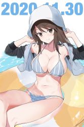 Rule 34 | 1girl, afloat, bikini, breasts, brown eyes, brown hair, crossed legs, dated, girls und panzer, hat, highres, innertube, jacket, large breasts, long hair, looking at viewer, mika (girls und panzer), muteki soda, navel, open clothes, open jacket, smile, solo, striped bikini, striped clothes, swim ring, swimsuit, water