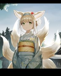 Rule 34 | 1girl, absurdres, animal ear fluff, animal ears, arknights, blonde hair, blue hairband, blue kimono, blue sky, cine (wazd0183), closed mouth, commentary request, day, floral print, flower, fox ears, fox girl, fox tail, green eyes, hair flower, hair ornament, hairband, highres, japanese clothes, kimono, letterboxed, looking at viewer, multicolored hair, obi, outdoors, print kimono, red flower, sash, sidelocks, sky, smile, solo, suzuran (arknights), tail, two-tone hair, white flower, white hair