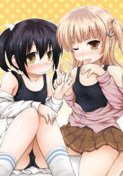 Rule 34 | 2girls, bare shoulders, black hair, black one-piece swimsuit, black school swimsuit, blush, brown eyes, brown skirt, closed mouth, collarbone, fujisaka lyric, holding hands, knees together feet apart, light brown hair, long hair, long sleeves, looking at viewer, multiple girls, nose blush, off shoulder, one-piece swimsuit, one eye closed, one side up, orange background, original, pink shirt, pleated skirt, polka dot, polka dot background, school swimsuit, seiza, shirt, sitting, skirt, smile, socks, swimsuit, swimsuit under clothes, tongue, tongue out, twintails, white legwear, white shirt