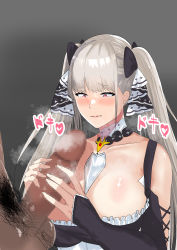 Rule 34 | 1boy, 1girl, absurdres, azur lane, bare shoulders, between breasts, black dress, black ribbon, breasts, censored, cleavage, clothed female nude male, detached collar, dress, feather dress, formidable (azur lane), frilled dress, frills, grey background, grey hair, hair ribbon, highres, kujuharu, large breasts, large penis, long hair, male pubic hair, mosaic censoring, necktie, necktie between breasts, nude, penis, pubic hair, red eyes, ribbon, simple background, steaming body, twintails, two-tone dress, two-tone ribbon, upper body, white ribbon