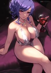 Rule 34 | 1girl, absurdres, arm support, artist name, azur lane, bare legs, bare shoulders, blue hair, blue nails, breasts, collarbone, commentary, crossed legs, cup, curvy, dress, drinking glass, english commentary, glint, hand up, highres, holding, holding cup, jewelry, large breasts, lips, looking at viewer, necklace, official alternate costume, parted lips, patreon logo, patreon username, purple eyes, queasy s, revealing clothes, short ponytail, sidelocks, silver dress, sitting, solo, st. louis (azur lane), st. louis (luxurious wheels) (azur lane), thighs, twitter username, wavy hair, wide hips, wine glass