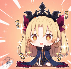 Rule 34 | + +, 1girl, :d, beni shake, blonde hair, blue cape, blue dress, blush, bow, brown background, brown eyes, cape, chibi, commentary request, dress, earrings, ereshkigal (fate), fang, fate/grand order, fate (series), full body, hair between eyes, hair bow, hoop earrings, jewelry, long hair, long sleeves, looking at viewer, open mouth, parted bangs, purple bow, signature, single sleeve, smile, solo, sparkle, tiara, two side up, very long hair