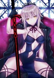 Rule 34 | 1girl, ariko youichi, artoria pendragon (all), artoria pendragon (alter swimsuit rider) (fate), artoria pendragon (alter swimsuit rider) (third ascension) (fate), artoria pendragon (fate), bikini, black bikini, blonde hair, blush, breasts, excalibur morgan (fate), fate/grand order, fate (series), looking at viewer, maid, maid bikini, maid headdress, medium breasts, navel, saber alter, short hair, solo, swimsuit, unconventional maid, weapon, yellow eyes