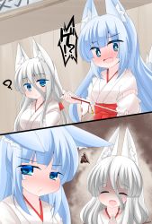 Rule 34 | 2girls, :d, ?, ^ ^, animal ear fluff, animal ears, arrow (projectile), bell, blue eyes, blue hair, blush, breasts, closed eyes, closed mouth, commentary request, ears down, ema, fox ears, fox girl, fox tail, grey hair, hair between eyes, hakama, hakama skirt, hamaya, highres, holding, holding arrow, japanese clothes, jingle bell, kanijiru, kimono, long hair, medium breasts, miko, multiple girls, nose blush, open mouth, original, palms together, red hakama, shaded face, skirt, smile, spoken question mark, squiggle, tail, twitter username, very long hair, white kimono