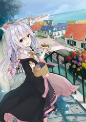 Rule 34 | 1girl, ahoge, azuuru, bag, baguette, blush, bow, bowtie, braid, bread, building, canal, city, cityscape, collared shirt, cover image, day, dutch angle, elaina (majo no tabitabi), flower, food, hair between eyes, hair bow, half-timbered, highres, holding, holding bag, holding food, horizon, long hair, long sleeves, looking at viewer, looking to the side, majo no tabitabi, no headwear, novel illustration, ocean, official art, open mouth, outdoors, paper bag, petals, pink bow, plant, planter, potted plant, purple eyes, railing, robe, rooftop, sandwich, second-party source, shirt, silver hair, sky, smile, solo, spire, stairs, sunlight, textless version, tree, wide sleeves, wing collar, yellow bow