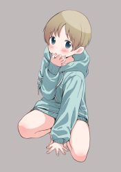 Rule 34 | 1boy, blonde hair, blue eyes, blue hoodie, blush, child, drawstring, grey background, highres, hood, hood down, hoodie, looking at viewer, male focus, original, piko (pixiv), simple background, solo, squatting, tongue, tongue out