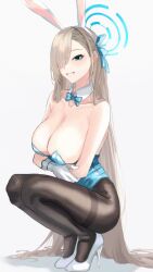 Rule 34 | 1girl, absurdres, animal ears, aqua bow, aqua bowtie, aqua leotard, arms under breasts, asuna (blue archive), asuna (bunny) (blue archive), asymmetrical bangs, bare shoulders, black pantyhose, blue archive, blush, bow, bowtie, breasts, cleavage, collarbone, detached collar, fake animal ears, hair over one eye, halo, high heels, highres, large breasts, legs together, light brown hair, long hair, mole, mole under eye, official alternate costume, one eye covered, pantyhose, rabbit ears, simple background, smile, solo, squatting, straight hair, takamiya2222, very long hair, white background, white footwear