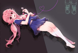 Rule 34 | 1girl, arrow (projectile), bad id, bad pixiv id, bittersweet (dalcoms), bow, breasts, female focus, gasai yuno, hair between eyes, hair ribbon, heart, highres, holding, long hair, lying, mirai nikki, on back, open mouth, pink hair, pleated skirt, red eyes, ribbon, school uniform, shoes, skirt, smile, sneakers, solo, twintails