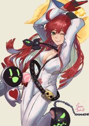Rule 34 | 1girl, absurdres, ankh, ankh necklace, belt, bodysuit, broken halo, spiked halo, green eyes, guilty gear, halo, hands up, highres, jack-o&#039; valentine, long hair, one eye closed, poor114514, red hair, white bodysuit