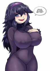 Rule 34 | 1girl, allbeatnik, bags under eyes, breasts, cowboy shot, creatures (company), dress, game freak, hair between eyes, hairband, hex maniac (pokemon), huge breasts, impossible clothes, long hair, long sleeves, messy hair, nintendo, open mouth, pokemon, pokemon xy, purple dress, purple eyes, purple hair, simple background, skin tight, smile, solo, speech bubble, standing, text focus, turtleneck, white background