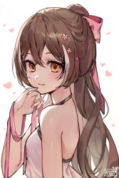 Rule 34 | 1girl, bare shoulders, blush, brown eyes, brown hair, closed mouth, finger to mouth, flower, hair ribbon, highres, holocouncil, hololive, hololive english, kobutanori, long hair, looking at viewer, multicolored hair, nail polish, nanashi mumei, pink nails, pink ribbon, ponytail, ribbon, simple background, smile, solo, streaked hair, upper body, very long hair, virtual youtuber, white background