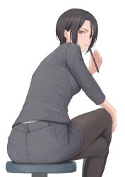 Rule 34 | 1girl, absurdres, ano (gccx8784), ass, black hair, black pantyhose, brown eyes, business suit, crossed legs, formal, highres, holding, holding pen, looking at viewer, looking back, office lady, original, pantyhose, parted bangs, pen, pencil skirt, short hair, simple background, skirt, skirt suit, solo, suit, tight clothes, white background
