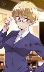 Rule 34 | 1girl, alternate hairstyle, blonde hair, blush, breasts, closed mouth, em (totsuzen no hakike), glasses, indoors, looking at viewer, perrine h. clostermann, short hair, small breasts, smile, solo, strike witches, upper body, world witches series, yellow eyes