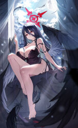 Rule 34 | 1girl, absurdres, barefoot, black camisole, black choker, black hair, black wings, blue archive, breasts, camisole, choker, cleavage, closed mouth, collarbone, feathered wings, feathers, feet, halo, hasumi (blue archive), highres, huge breasts, knee up, legs, long hair, okkimon, red eyes, red halo, sitting, solo, toes, very long hair, wings
