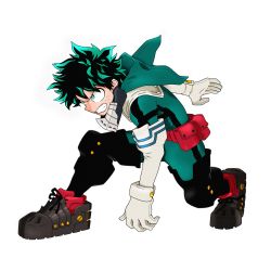 Rule 34 | 1boy, absurdres, belt pouch, bodysuit, boku no hero academia, clenched teeth, commentary, derivative work, elbow gloves, fighting stance, freckles, gloves, green bodysuit, green eyes, green hair, highres, hood, hood down, hooded bodysuit, huge filesize, kneeling, male focus, midoriya izuku, neil paterson, pouch, red footwear, solo, spiked hair, teeth, white background, white gloves