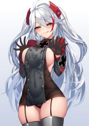Rule 34 | 1girl, azur lane, blush, breasts, buttons, clothing cutout, double-breasted, garter straps, grey thighhighs, highres, large breasts, long hair, long sleeves, looking at viewer, nakatama kyou, orange eyes, prinz eugen (azur lane), side cutout, sideboob, silver hair, smile, solo, thighhighs, thighs, two side up