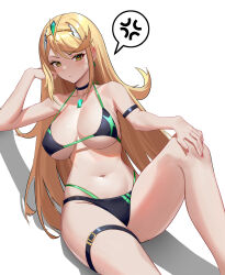 Rule 34 | 1girl, absurdres, anger vein, bare shoulders, bikini, black bikini, blonde hair, blush, breasts, chest jewel, earrings, headpiece, highres, jewelry, large breasts, long hair, looking at viewer, mythra (xenoblade), navel, northman, solo, speech bubble, swept bangs, swimsuit, thigh strap, tiara, tsundere, very long hair, xenoblade chronicles (series), xenoblade chronicles 2, yellow eyes