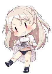 Rule 34 | 1girl, black footwear, black panties, blush, boots, breasts, clothes lift, conte di cavour (kancolle), dress, dress lift, fairy (kancolle), frilled dress, frills, full body, grey hair, grin, highres, kantai collection, lifting own clothes, long hair, long sleeves, medium breasts, nassukun, panties, red eyes, simple background, smile, solo, standing, standing on one leg, two side up, underwear, white background, white dress