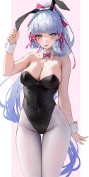 Rule 34 | 1girl, absurdres, alternate costume, animal ears, ayaka (genshin impact), bare shoulders, blue hair, blush, breasts, cleavage, closed mouth, cowboy shot, fake animal ears, genshin impact, hair ornament, highleg, highleg leotard, highres, large breasts, leotard, leviathan (hikinito0902), long hair, looking at viewer, pantyhose, parted lips, playboy bunny, ponytail, rabbit ears, smile, solo, thigh gap, thighs, very long hair, white pantyhose, wrist cuffs