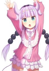 Rule 34 | 1girl, arms up, blunt bangs, commentary request, dragon girl, dragon horns, dragon tail, frilled skirt, frills, green eyes, hair bobbles, hair ornament, hairband, highres, horns, kanna kamui, kobayashi-san chi no maidragon, kuricona, light purple hair, long hair, looking at viewer, low twintails, sidelocks, simple background, skirt, solo, tail, thighhighs, twintails, white background, white thighhighs, zettai ryouiki