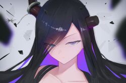 Rule 34 | 1girl, black hair, blue eyes, blurry, blurry foreground, broken horn, brown dust 2, closed mouth, colored inner hair, demon girl, demon horns, eclipse (brown dust 2), eyebrows hidden by hair, glaring, hair over one eye, highres, horn ornament, horn ring, horns, long hair, looking at viewer, multicolored hair, purple hair, qazplm951, simple background, solo, two-tone hair, upper body, very long hair, wind
