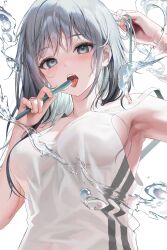 Rule 34 | 1girl, absurdres, adjusting hair, aqua eyes, armpits, bad link, bare shoulders, blush, breasts, brushing teeth, cleavage, from below, grey hair, hand in own hair, highres, holding, holding toothbrush, large breasts, long hair, looking at viewer, messy hair, myabit, open mouth, original, simple background, solo, tank top, teeth, tongue, tongue out, toothbrush, toothbrush in mouth, white background, white tank top
