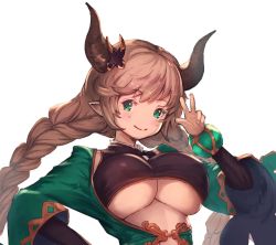 Rule 34 | 10s, 1girl, bad id, bad twitter id, blush, braid, breasts, carmelina (granblue fantasy), draph, granblue fantasy, granblue fantasy (style), green eyes, harada isuka, horns, large breasts, light brown hair, long hair, official style, pointy ears, scissors, scissors hair ornament, simple background, smile, solo, twin braids, underboob, upper body, v, very long hair, white background
