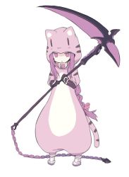 Rule 34 | 1girl, animal costume, animal ears, animal hood, animal print, black gloves, blade (galaxist), bow, braid, chain, collar, commentary request, cosplay, fake animal ears, fate/grand order, fate (series), full body, gloves, hair bow, holding, holding scythe, hood, hood up, jaguarman (fate), jaguarman (fate) (cosplay), long hair, medusa (fate), medusa (lancer) (fate), medusa (rider) (fate), parted lips, purple eyes, purple hair, red bow, red collar, rider, scythe, sidelocks, simple background, single braid, solo, standing, tail, tiger costume, tiger ears, tiger girl, tiger hood, tiger print, tiger tail, vambraces, very long hair, white background