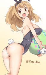 Rule 34 | 10s, 1girl, :d, animal ear hairband, animal ears, ass, breast hold, breasts, buta-don, easter egg, egg, fake animal ears, hairband, i-26 (kancolle), kantai collection, large breasts, leotard, light brown hair, long hair, open mouth, playboy bunny, rabbit ear hairband, rabbit ears, rabbit tail, smile, solo, tail, twisted neck, twisted torso, twitter username, two side up
