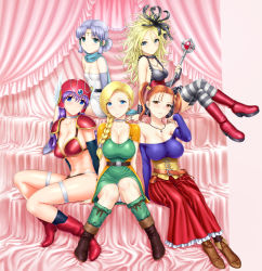 Rule 34 | 5girls, abs, ankle boots, armor, belt, bianca (dq5), bikini armor, blonde hair, blue eyes, blush, boots, braid, breasts, brown eyes, choker, chunsoft, circlet, cleavage, collar, corset, covered erect nipples, crossed legs, detached sleeves, dragon quest, dragon quest iii, dragon quest monsters plus, dragon quest swords, dragon quest v, dragon quest viii, dress, elbow gloves, enix, feather hair ornament, feathers, frilled skirt, frills, gloves, hair ornament, hair over shoulder, hair tubes, helmet, jessica albert, jewelry, large breasts, long dress, long hair, marumo, midriff, multiple girls, nail polish, navel, necklace, panties, pantyshot, purple hair, purple shirt, red hair, ring, scarf, setia, shirt, short dress, short hair, short ponytail, shoulder pads, sideboob, single braid, single elbow glove, sitting, skirt, small breasts, smile, socks, soldier (dq3), square enix, st.germain-sal, strapless, strapless dress, striped clothes, striped legwear, striped thighhighs, studded bracelet, taut clothes, taut dress, thigh strap, thighhighs, twintails, underwear, wand, white gloves, white panties, winged helmet