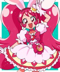 Rule 34 | 1girl, bow, cake hair ornament, choker, commentary, cure whip, earrings, food-themed hair ornament, frills, gloves, hair ornament, highres, hinoki (91011), jewelry, kirakira precure a la mode, long hair, magical girl, open mouth, pink bow, pink choker, pink eyes, pink hair, pom pom (clothes), pom pom earrings, pouch, precure, puffy short sleeves, puffy sleeves, short sleeves, smile, solo, swept bangs, symbol-only commentary, usami ichika, very long hair, white gloves