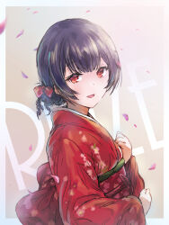 1girl black_hair bow character_name commentary_request floral_print from_side hair_bow highres idolmaster idolmaster_shiny_colors japanese_clothes kimono looking_at_viewer matsukura_nemu morino_rinze obi petals red_eyes red_kimono sash sleeves_past_wrists solo wide_sleeves