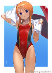 Rule 34 | 1girl, alternate costume, blue background, blue eyes, blurry, blurry background, blush, border, breasts, cameltoe, cleft of venus, clothes writing, collarbone, competition swimsuit, female focus, gluteal fold, gundam, gundam zz, highleg, highleg swimsuit, highres, hip focus, holding, holding towel, kawakami rokkaku, long hair, looking at viewer, one-piece swimsuit, orange hair, outside border, paid reward available, puru two, red one-piece swimsuit, revision, sidelocks, signature, simple background, skin tight, small breasts, solo, standing, swimsuit, thighs, towel, towel around neck, upper body, watermark, web address, wet, white border, wiping