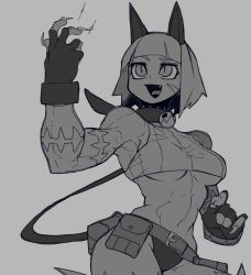 Rule 34 | 1girl, bare shoulders, belt buckle, belt pouch, bob cut, bone nig, breasts, buckle, cat girl, claws, collar, crop top, fingerless gloves, gloves, greyscale, highres, monochrome, ms. fortune (skullgirls), muscular, muscular female, neck bell, open mouth, pouch, scar, short hair, skullgirls, smile, solo, underboob, upper body