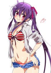 Rule 34 | 1girl, absurdres, ahoge, bad id, bad pixiv id, bikini, black ribbon, blue shorts, blush, breasts, cleavage, clothes pull, cowboy shot, ebisuzawa kurumi, fang, fang out, front-tie bikini top, front-tie top, gakkou gurashi!, groin, hair between eyes, hair ribbon, highres, long hair, looking at viewer, medium breasts, navel, open clothes, open shorts, pulled by self, purple hair, red bikini, red eyes, red ribbon, ribbon, short shorts, shorts, shorts pull, simple background, sinakyo, sketch, smile, solo, standing, striped bikini, striped clothes, swimsuit, twintails, underboob, very long hair, white background