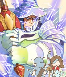 Rule 34 | 1girl, 2boys, adelbert steiner, armor, bare arms, beatrix (ff9), breasts, brown hair, cleavage, curly hair, eyepatch, final fantasy, final fantasy ix, fingerless gloves, full armor, furrowed brow, gloves, helm, helmet, highres, holding, holding sword, holding weapon, knight, light blush, medium breasts, morry kakaka, multiple boys, one eye covered, plate armor, shoulder armor, sword, upper body, vest, weapon, weapon on back, white vest