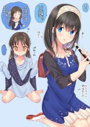 Rule 34 | ..., 2girls, age difference, backpack, bag, barefoot, black hair, blue bow, blue dress, blue eyes, blue shirt, bow, brown eyes, brown hair, collarbone, commentary request, cosplay, costume switch, dress, empty eyes, flute, hair bow, hairband, highres, holding flute, holding instrument, idolmaster, idolmaster cinderella girls, instrument, long hair, multiple girls, oversized clothes, randoseru, recorder, sagisawa fumika, sagisawa fumika (cosplay), shaded face, shawl, shirt, shoes, sitting, socks, spoken ellipsis, tachibana arisu, tachibana arisu (cosplay), tktk135, translation request, uwabaki