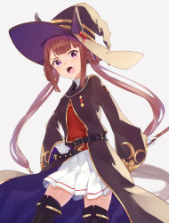 Rule 34 | 1girl, absurdres, animal ears, black footwear, black robe, boots, brown hair, commentary, gloves, hair rings, hat, highres, holding, holding wand, horse ears, horse girl, horse tail, long hair, looking at viewer, open mouth, pleated skirt, purple eyes, robe, simple background, skirt, solo, sweep tosho (umamusume), tail, tamiku (shisyamo609), thigh boots, twintails, umamusume, wand, white background, white gloves, white skirt, witch hat